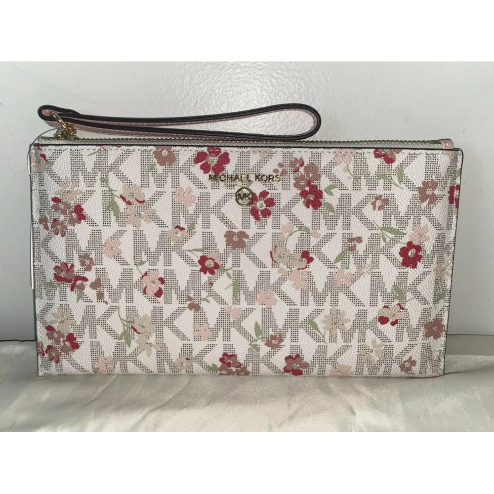NEW! NWT MICHAEL KORS Large Zip Clutch Wristlet Floral Vanilla Multi